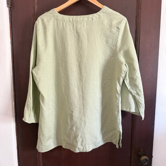 BUTTONS | 90s Vintage Sage Green Sequin V Neck Linen Shirt Tunic | Large - Picture 7 of 8